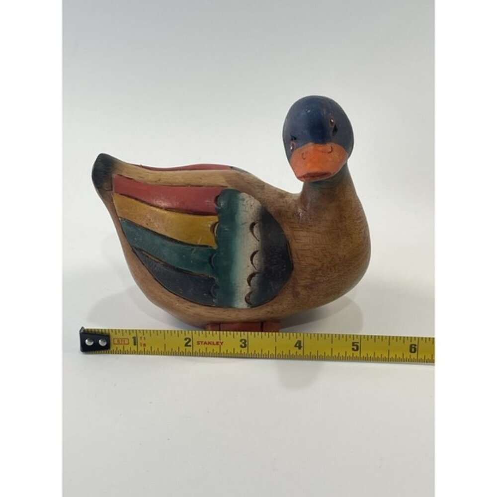 Hand Painted Carved Wooden Wood Duck Decor 4.5" Tall 5"- Long